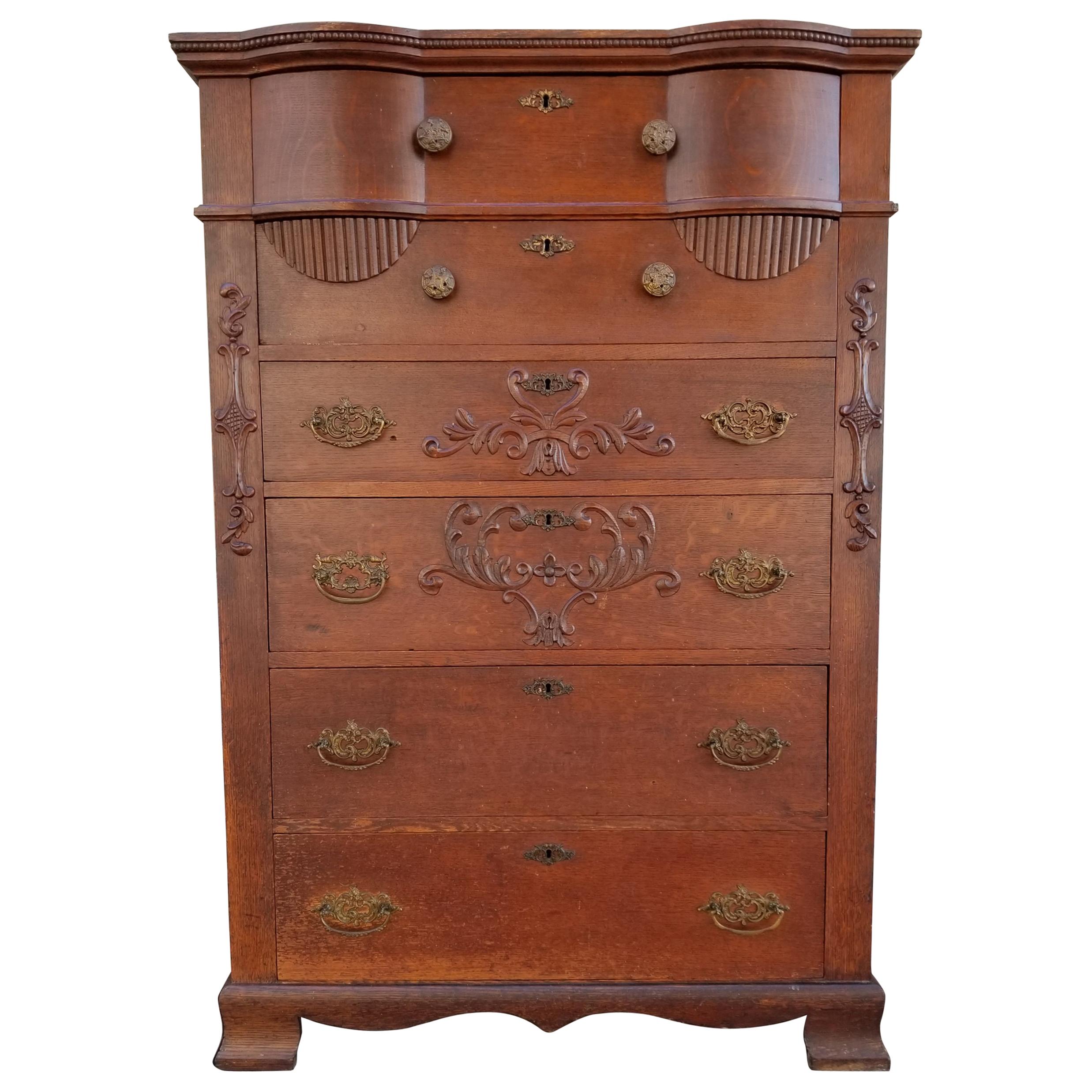 Antique American Tiger Oak Highboy Dresser