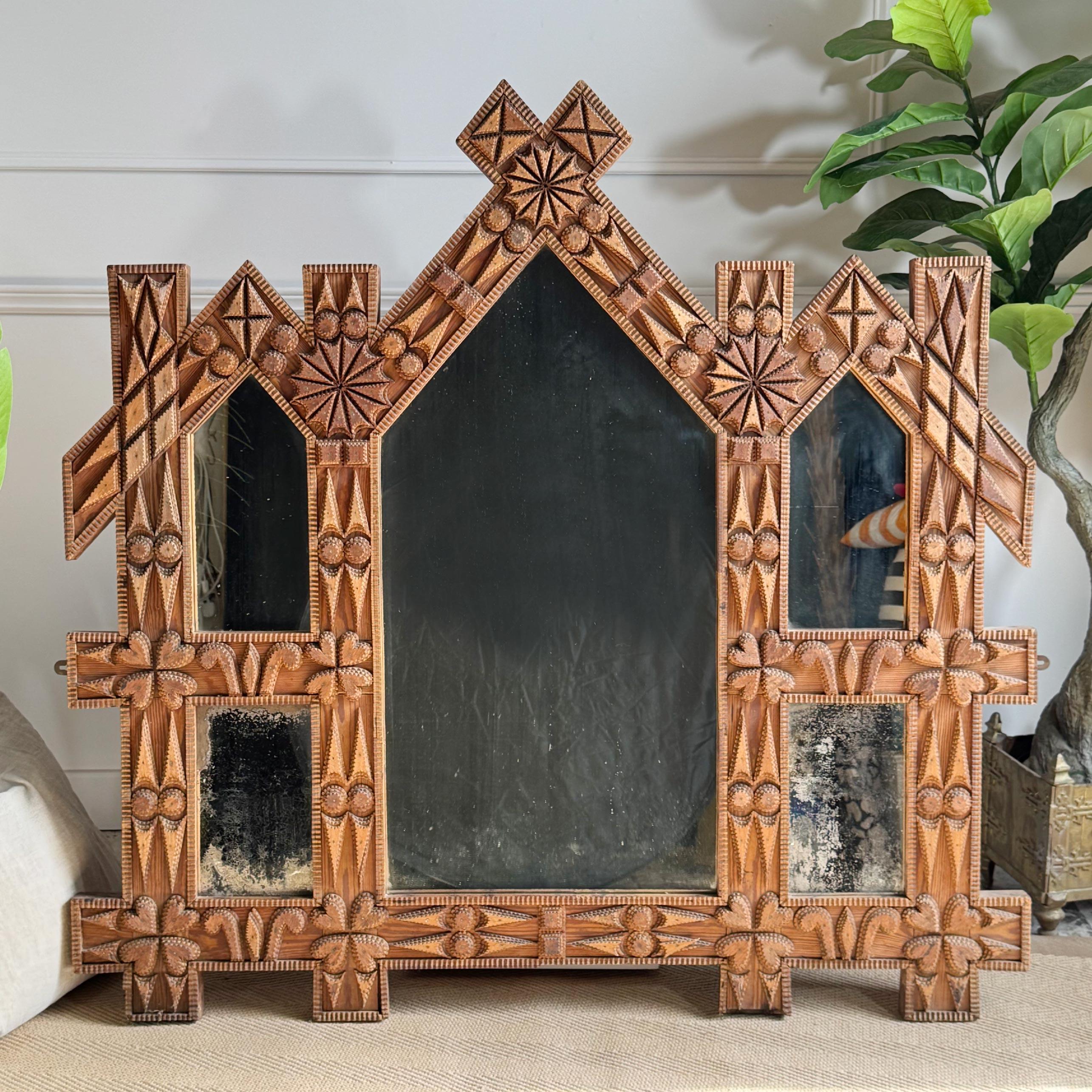 Hand-Crafted Antique American Tramp Art Mirror For Sale