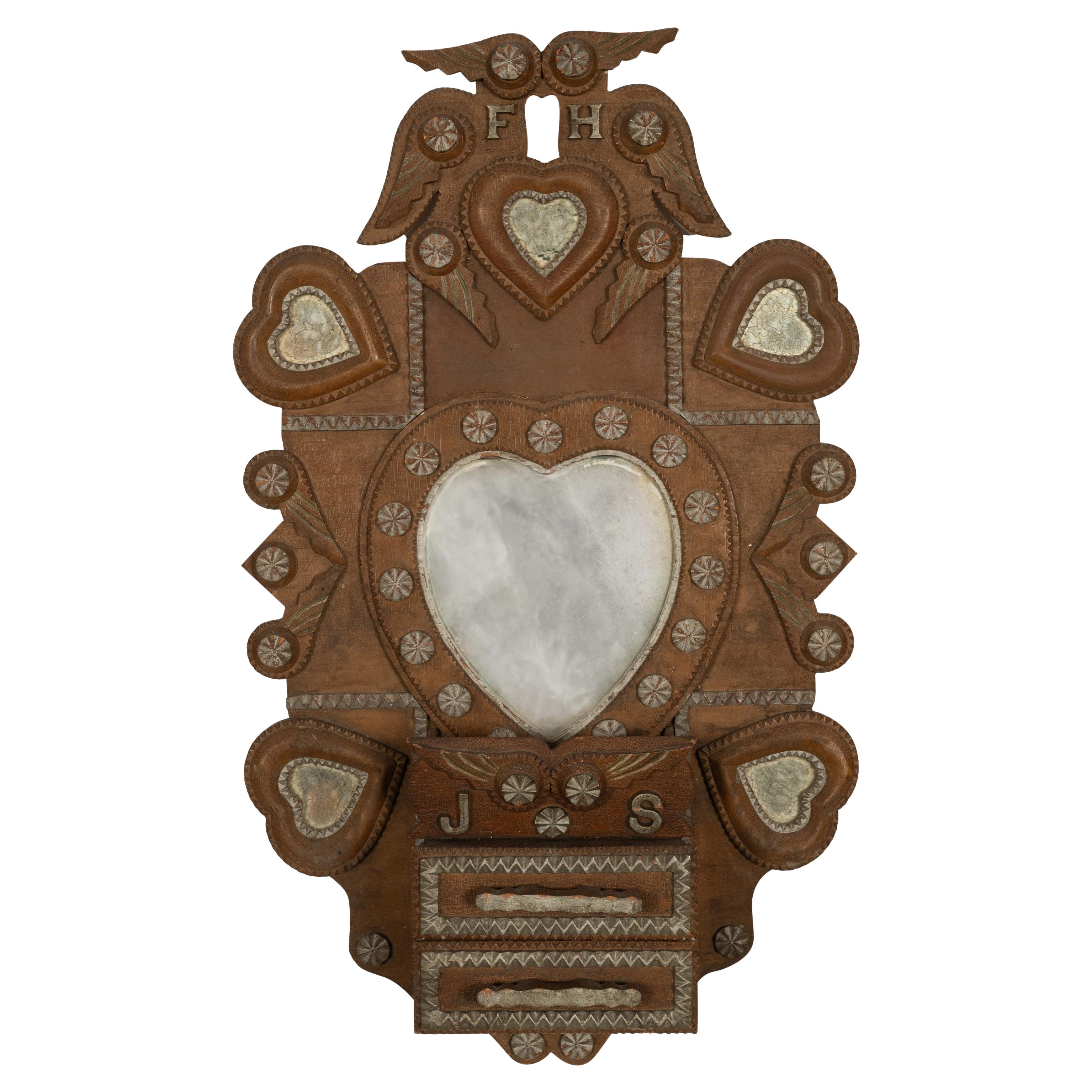 Antique American Tramp Art Wall Pocket Mirror by John Zadora Pennsylvania 1910