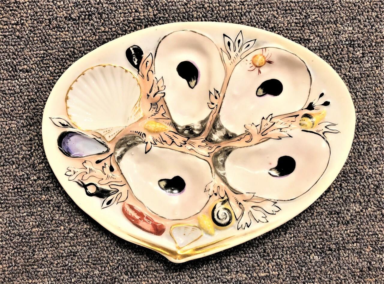 Antique American porcelain hand-painted shaped oyster plate signed 