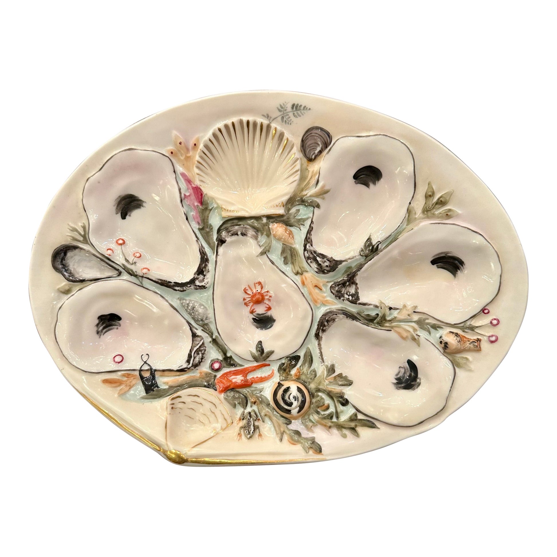 Antiguo plato de ostras de porcelana con forma de almeja de American UPW, Circa 1890 en venta