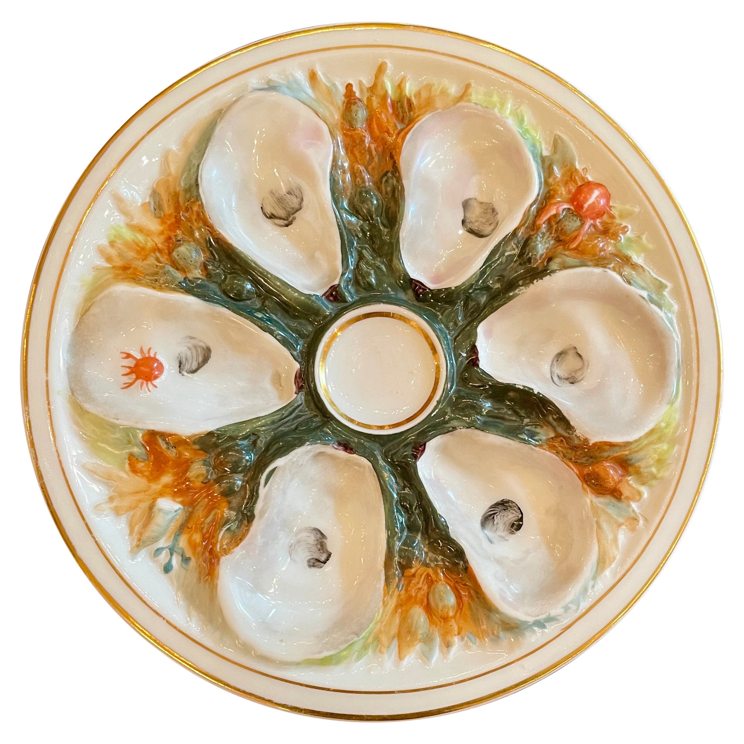 Antique American UPW Porcelain Hand-Painted Sea Life Oyster Plate, Circa 1880. For Sale
