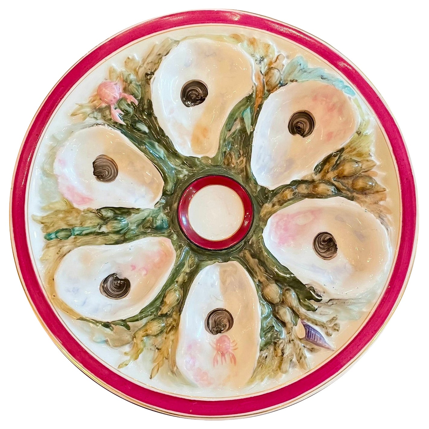 Antiguo Plato de Ostra de Porcelana Americana UPW Pintado a Mano con Vida Marina, Circa 1890's. en venta