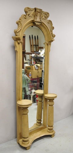 Antique American Victorian Hall Entry Mirror with Pedestal Plant Stands