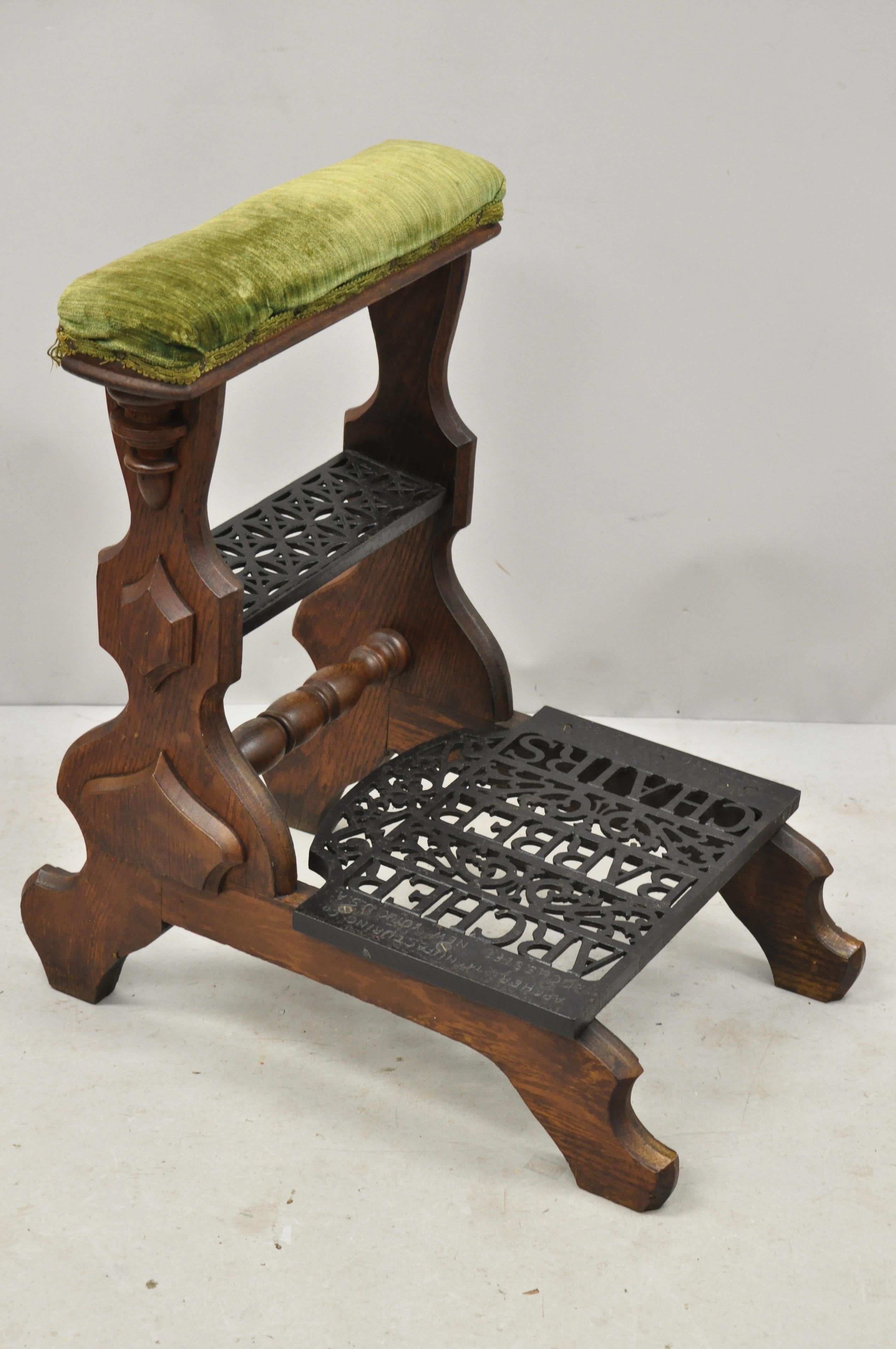Antique American Victorian Adjustable Archer Barber Chair and Footrest Ottoman In Good Condition In Philadelphia, PA