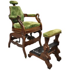 Antique fauteuil de barbier américain victorien ajustable et repose-pieds Ottoman