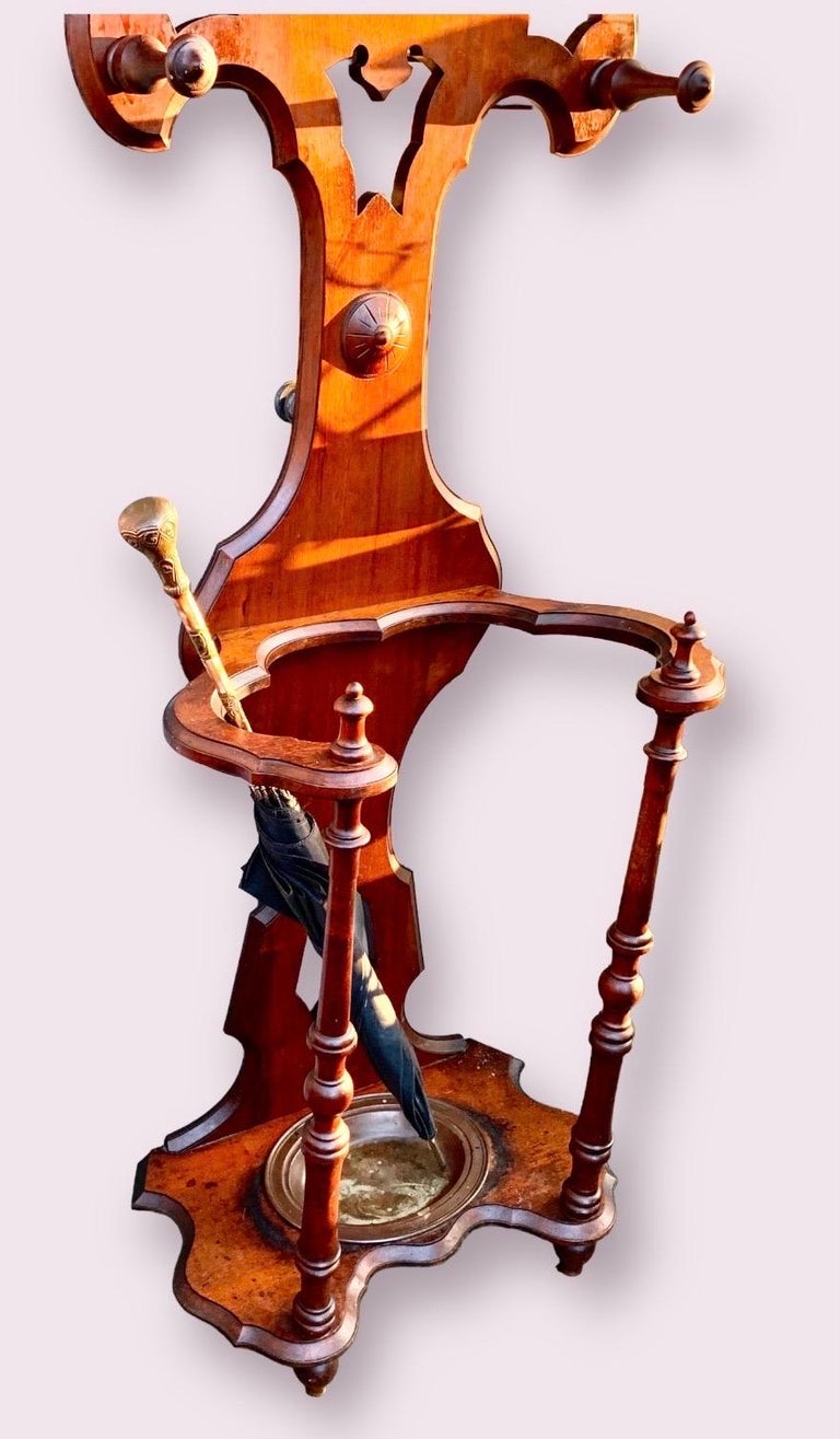 Antique American Victorian Carved Walnut Hall Tree with Original Drip Tray at 1stDibs