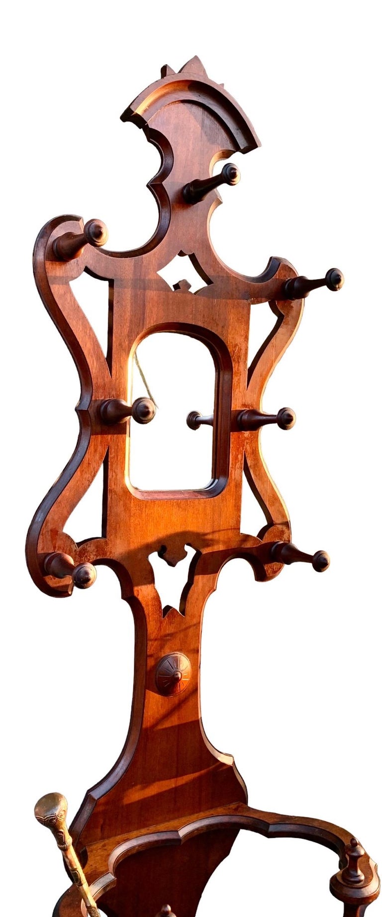 Antique American Victorian Carved Walnut Hall Tree with Original Drip