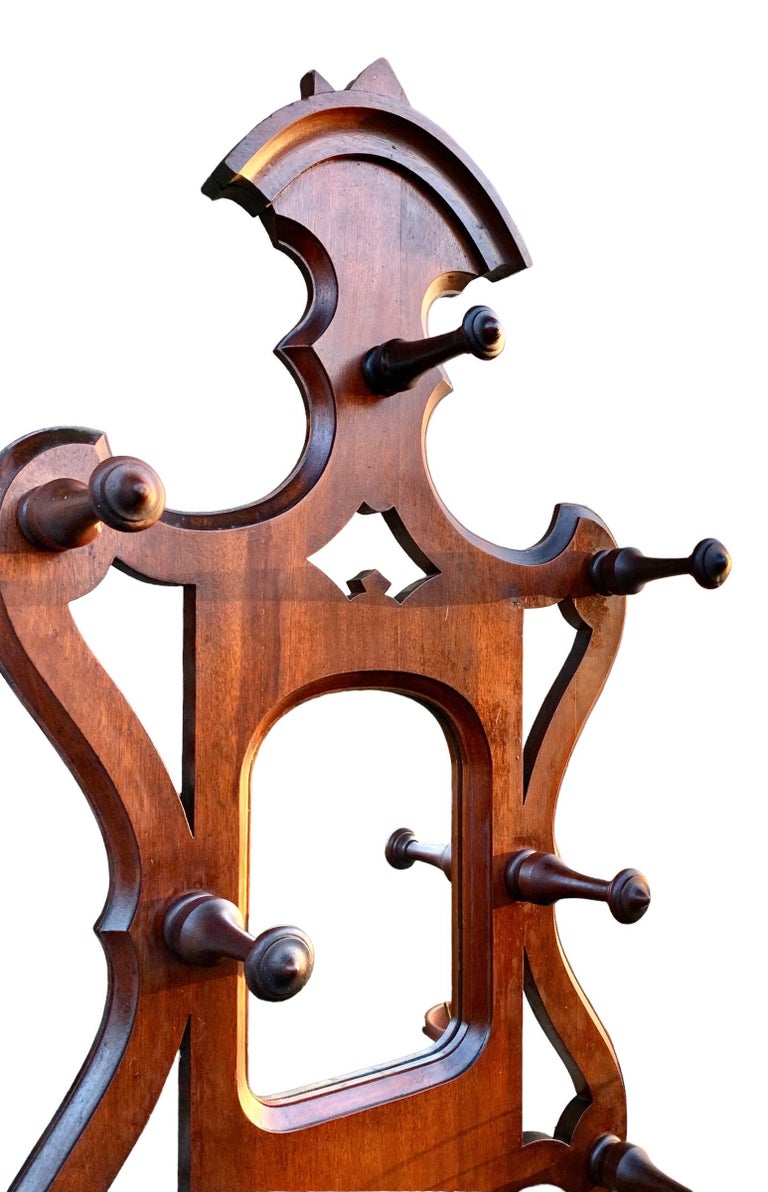 Antique American Victorian Carved Walnut Hall Tree with Original Drip Tray at 1stDibs