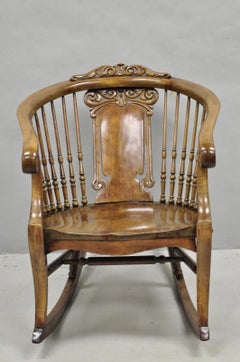 Antique American Victorian Carved Walnut Spindle Back Rocker Rocking Chair