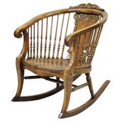 Antique American Victorian Carved Walnut Spindle Back Rocker Rocking Chair