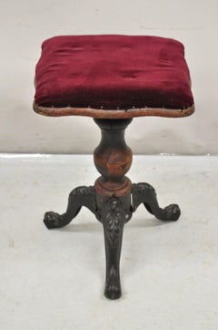 Antique American Victorian Cast Iron and Wood Tripod Pedestal Adjustable Stool