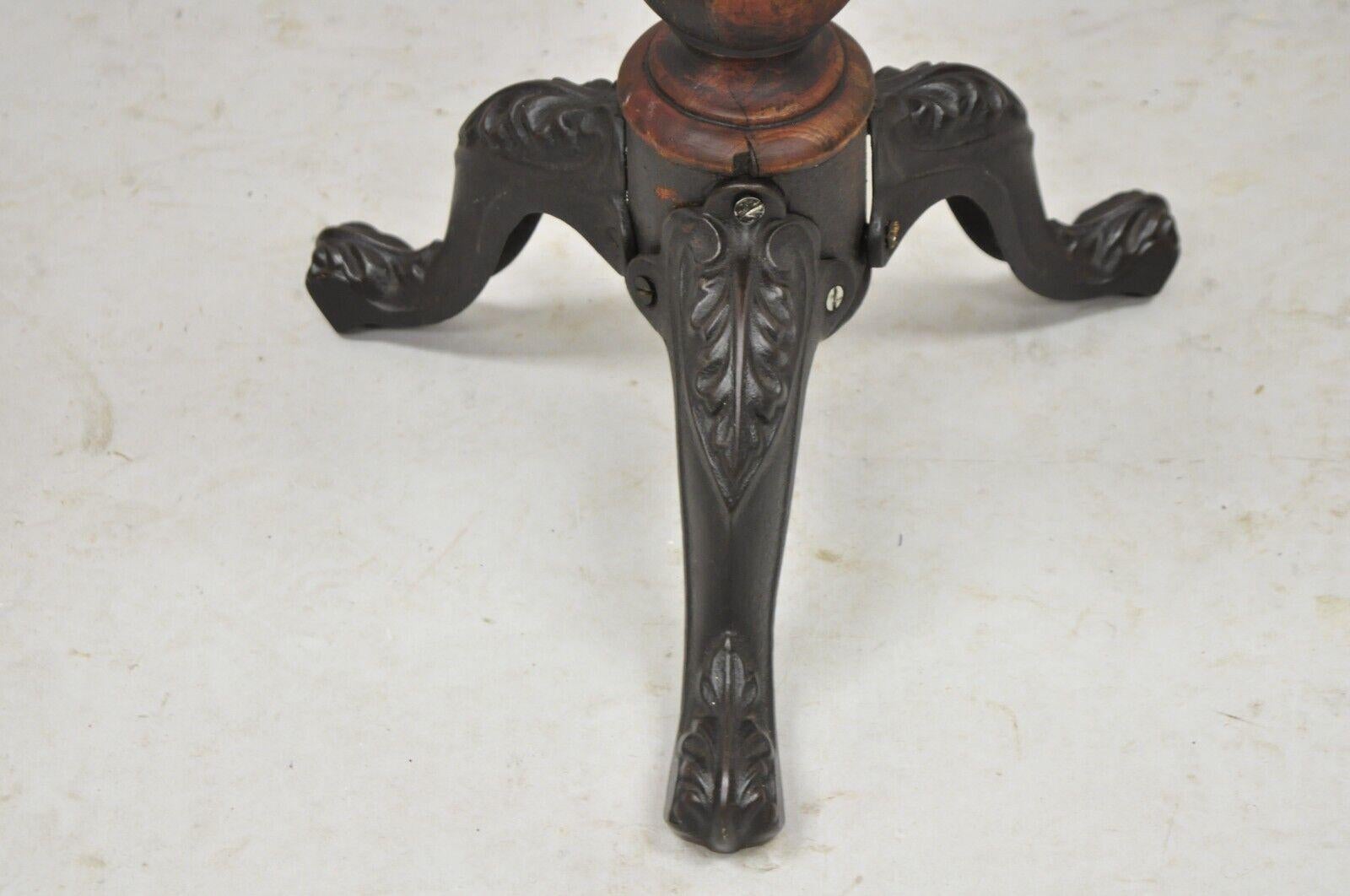 Fabric Antique American Victorian Cast Iron and Wood Tripod Pedestal Adjustable Stool For Sale