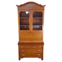 Antique American Victorian Cherry Secretary Desk & Bookcase Hutch Curio Cabinet