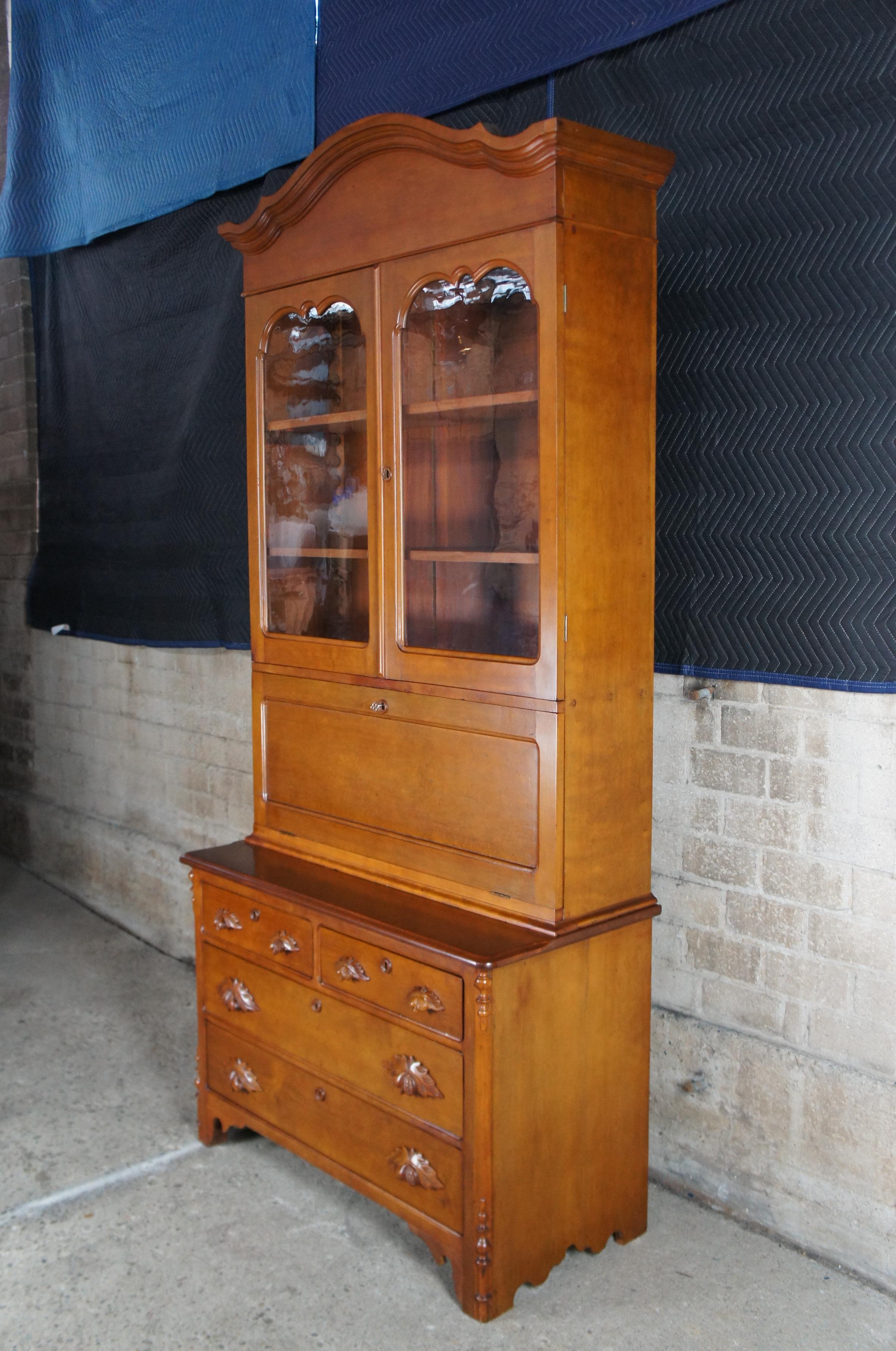 Antique American Victorian Cherry Secretary Desk & Bookcase Hutch Curio Cabinet In Good Condition In Dayton, OH