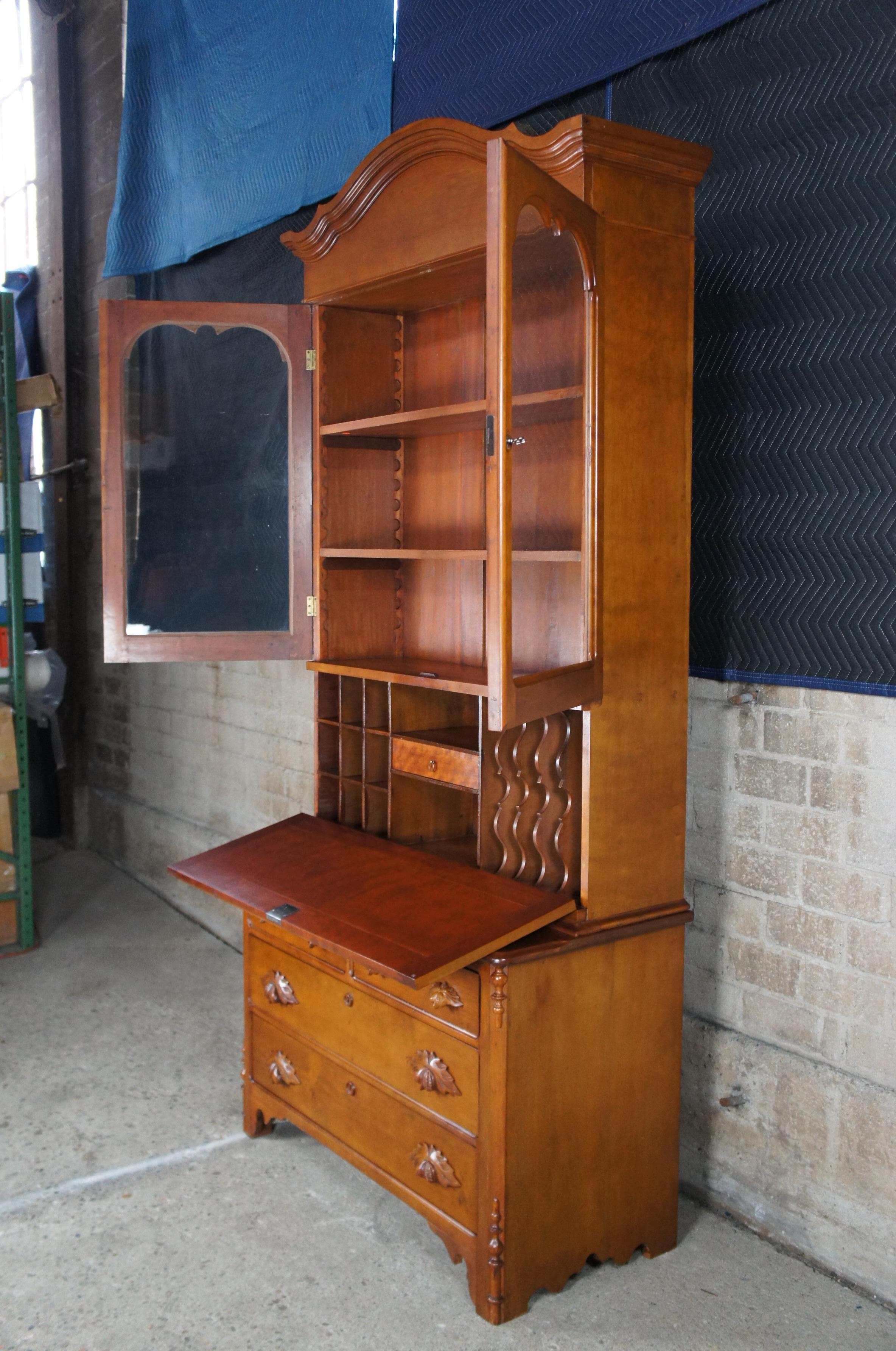 19th Century Antique American Victorian Cherry Secretary Desk & Bookcase Hutch Curio Cabinet