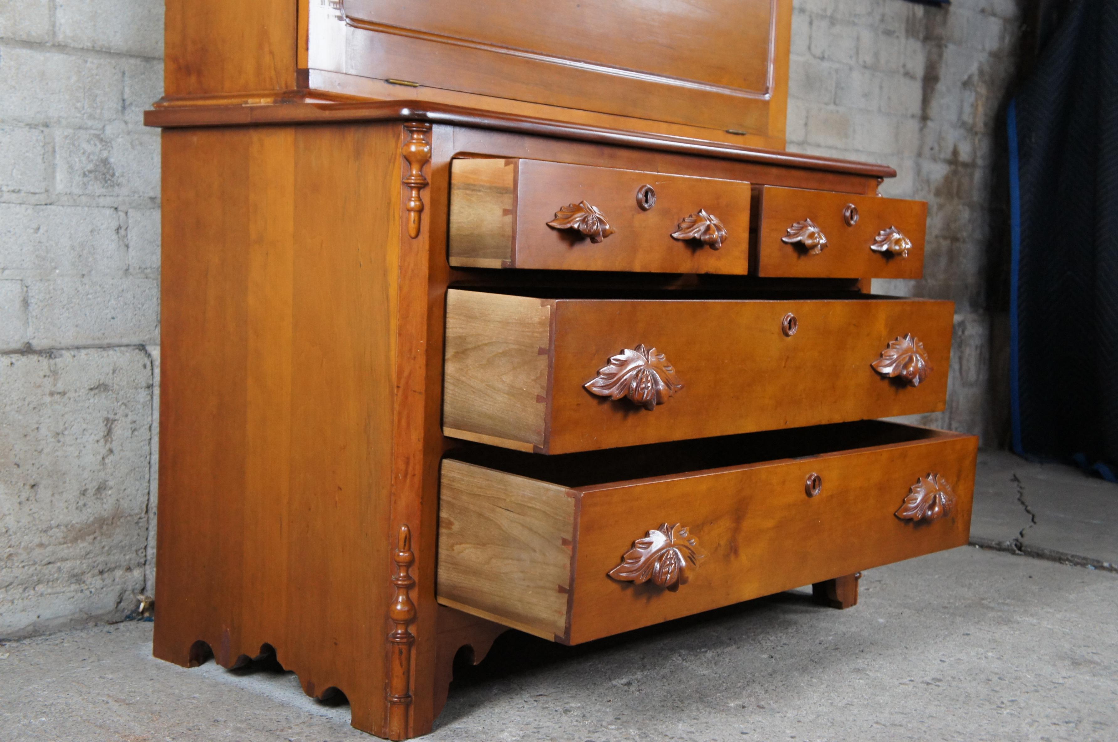 Antique American Victorian Cherry Secretary Desk & Bookcase Hutch Curio Cabinet 1