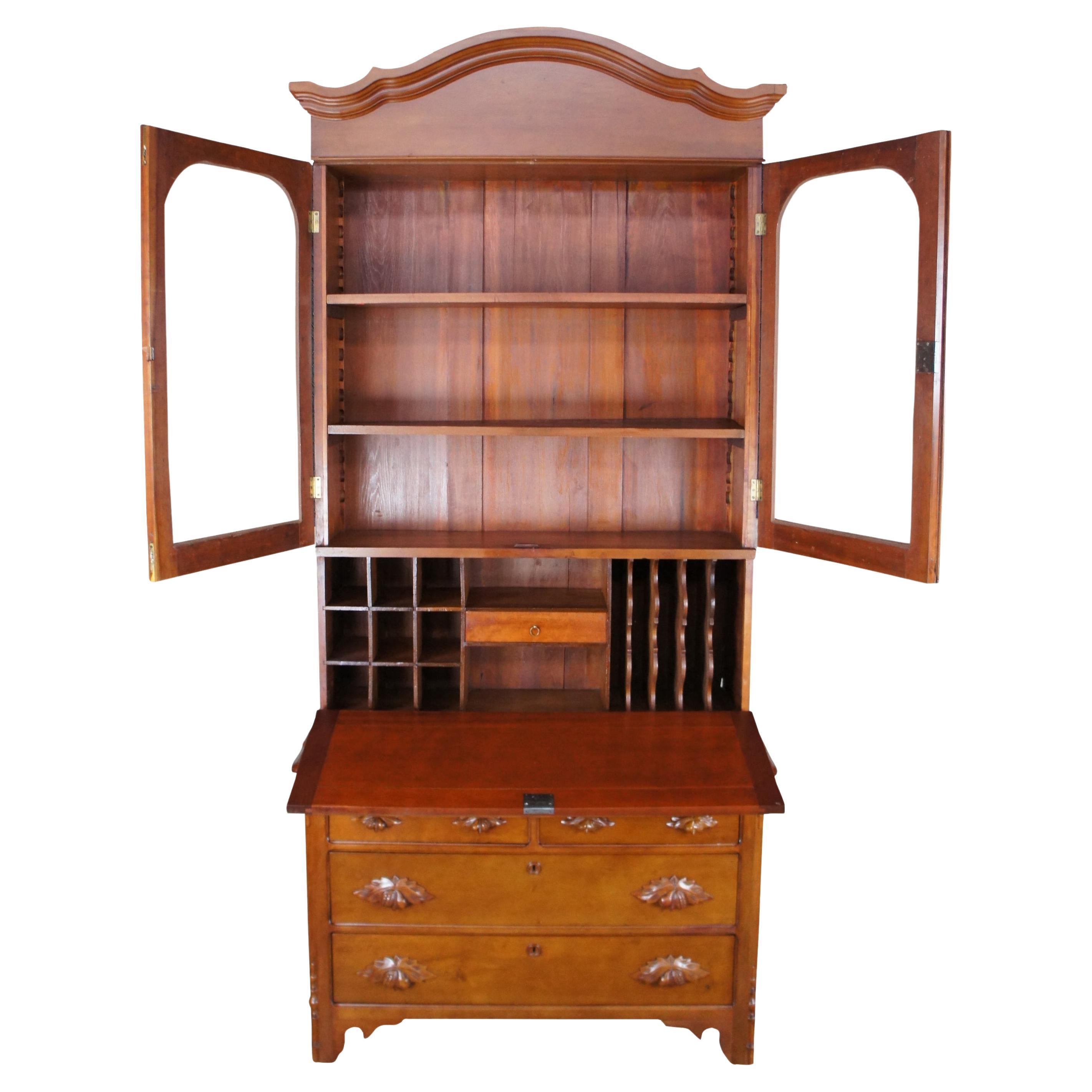 Antique American Victorian Cherry Secretary Desk & Bookcase Hutch Curio Cabinet
