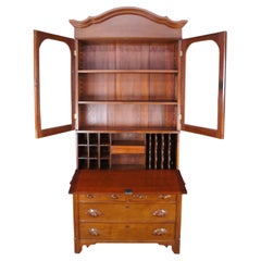 Antique American Victorian Cherry Secretary Desk & Bookcase Hutch Curio Cabinet
