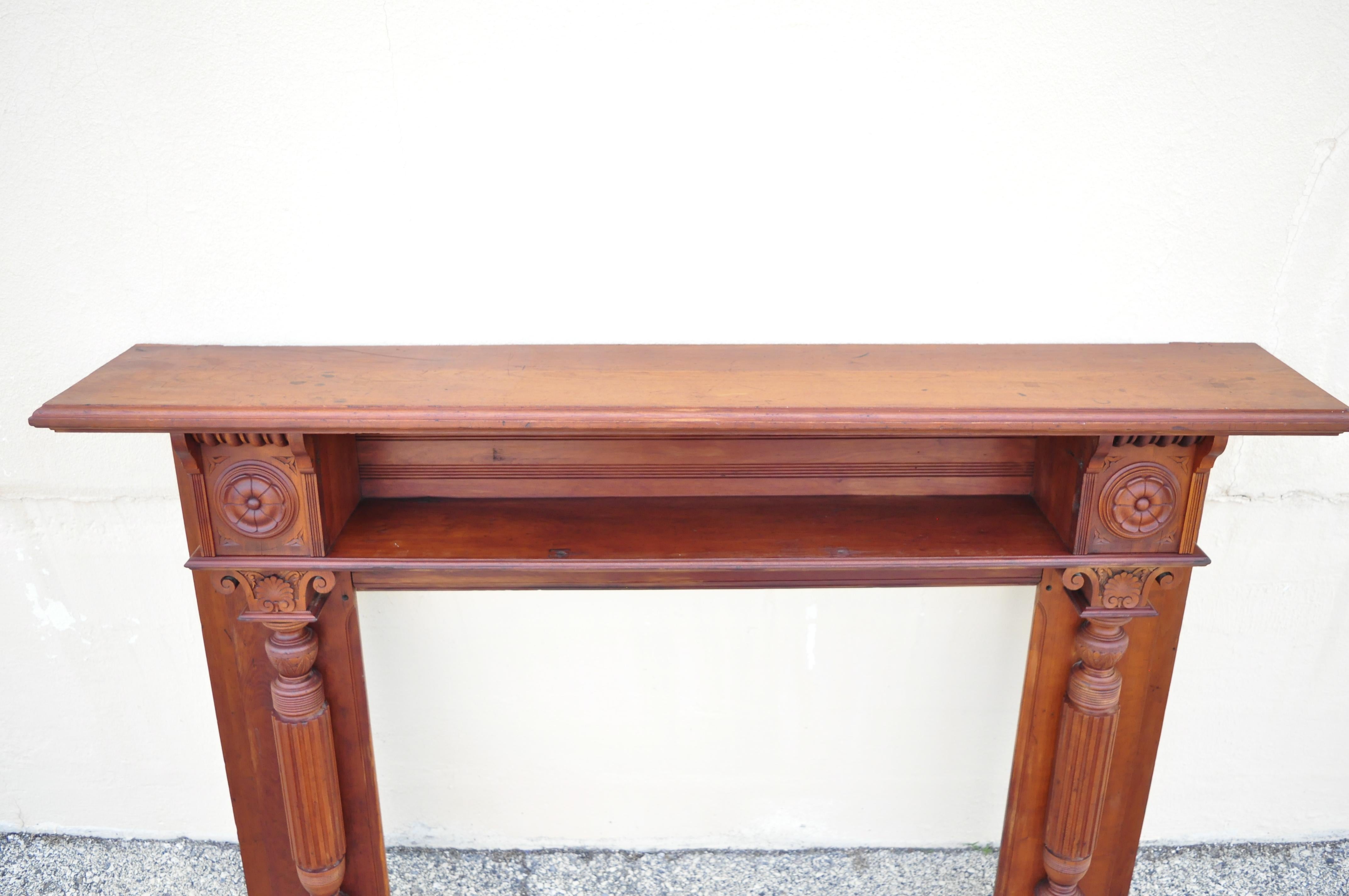 Antique American Victorian Cherry Wood Carved Column Fireplace Mantel Shelf 3