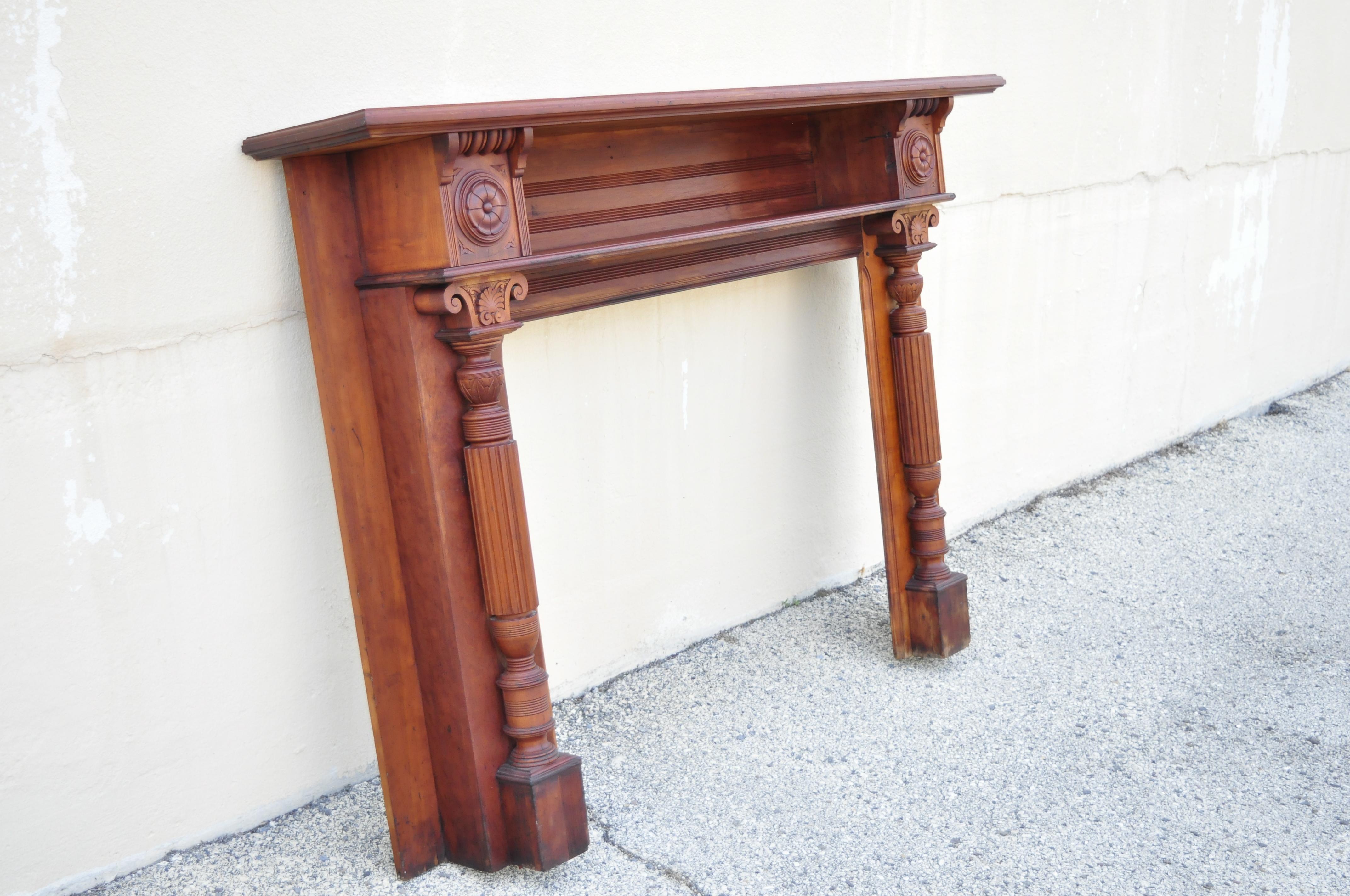 Antique American Victorian Cherry Wood Carved Column Fireplace Mantel Shelf 4