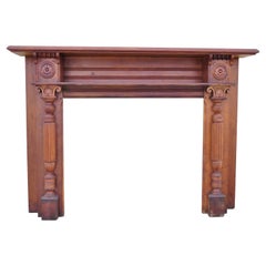 Antique American Victorian Cherry Wood Carved Column Fireplace Mantel Shelf