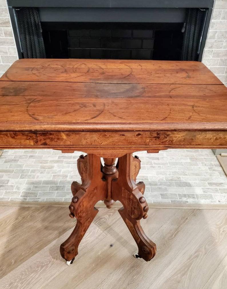 Antique American Victorian Eastlake Burled Walnut Parlor Table In Fair Condition In Forney, TX