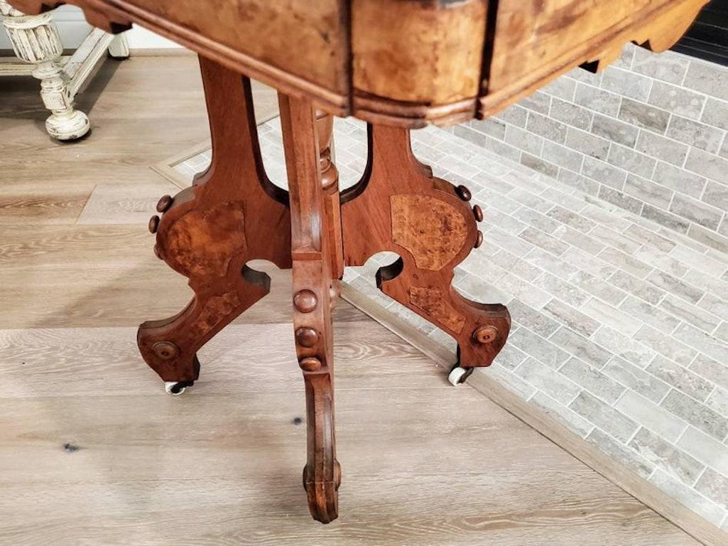 Porcelain Antique American Victorian Eastlake Burled Walnut Parlor Table
