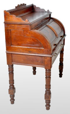 Antique American Victorian Eastlake Walnut Cylinder Roll-Top Desk Secretary 1875