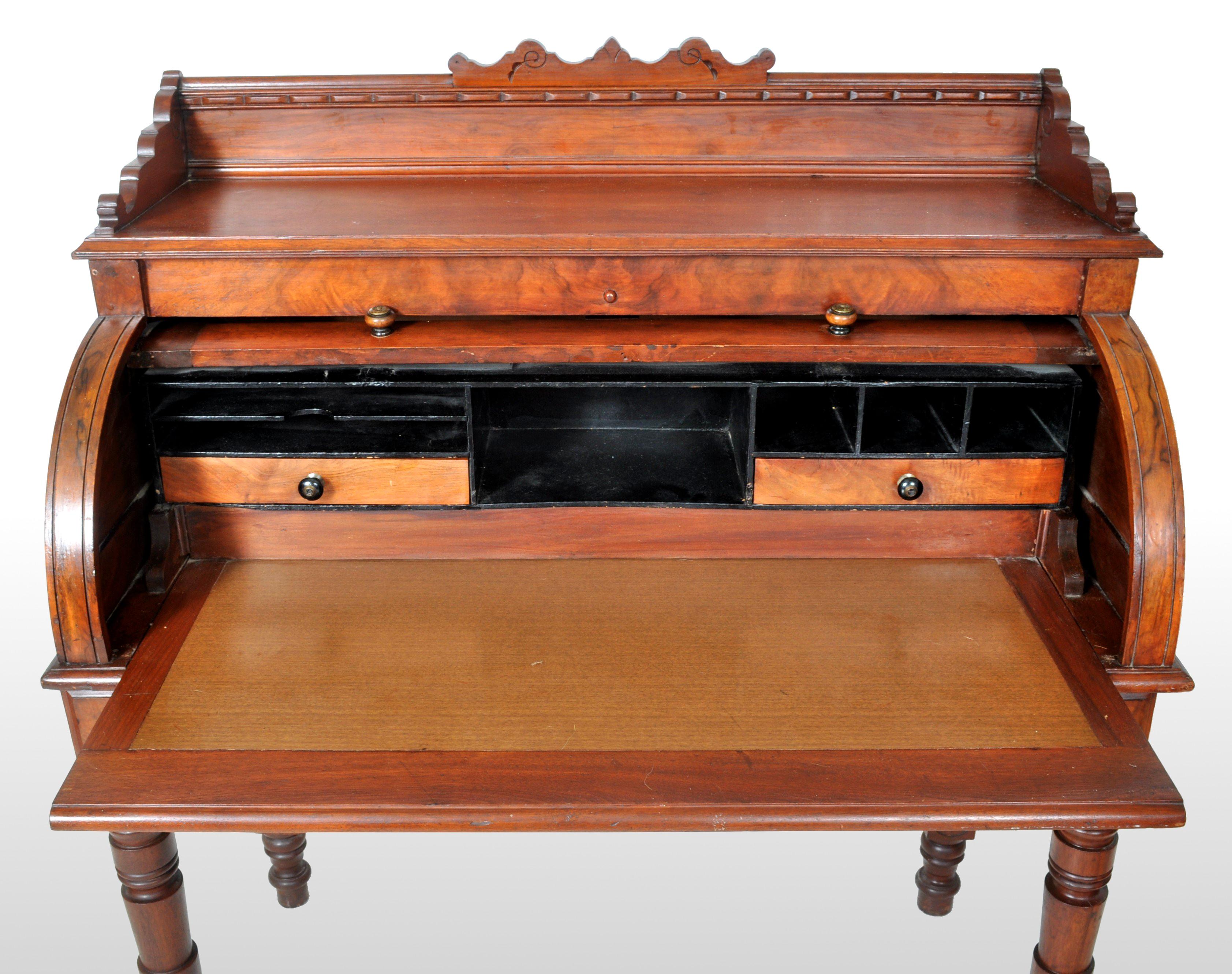 Antique American Victorian Eastlake Walnut Cylinder Roll-Top Desk Secretary 1875 In Good Condition In Portland, OR