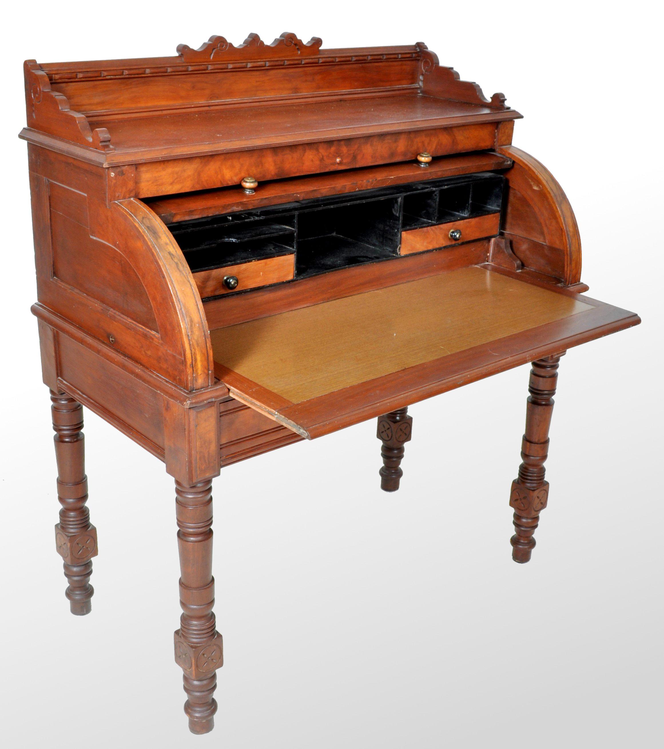 Late 19th Century Antique American Victorian Eastlake Walnut Cylinder Roll-Top Desk Secretary 1875