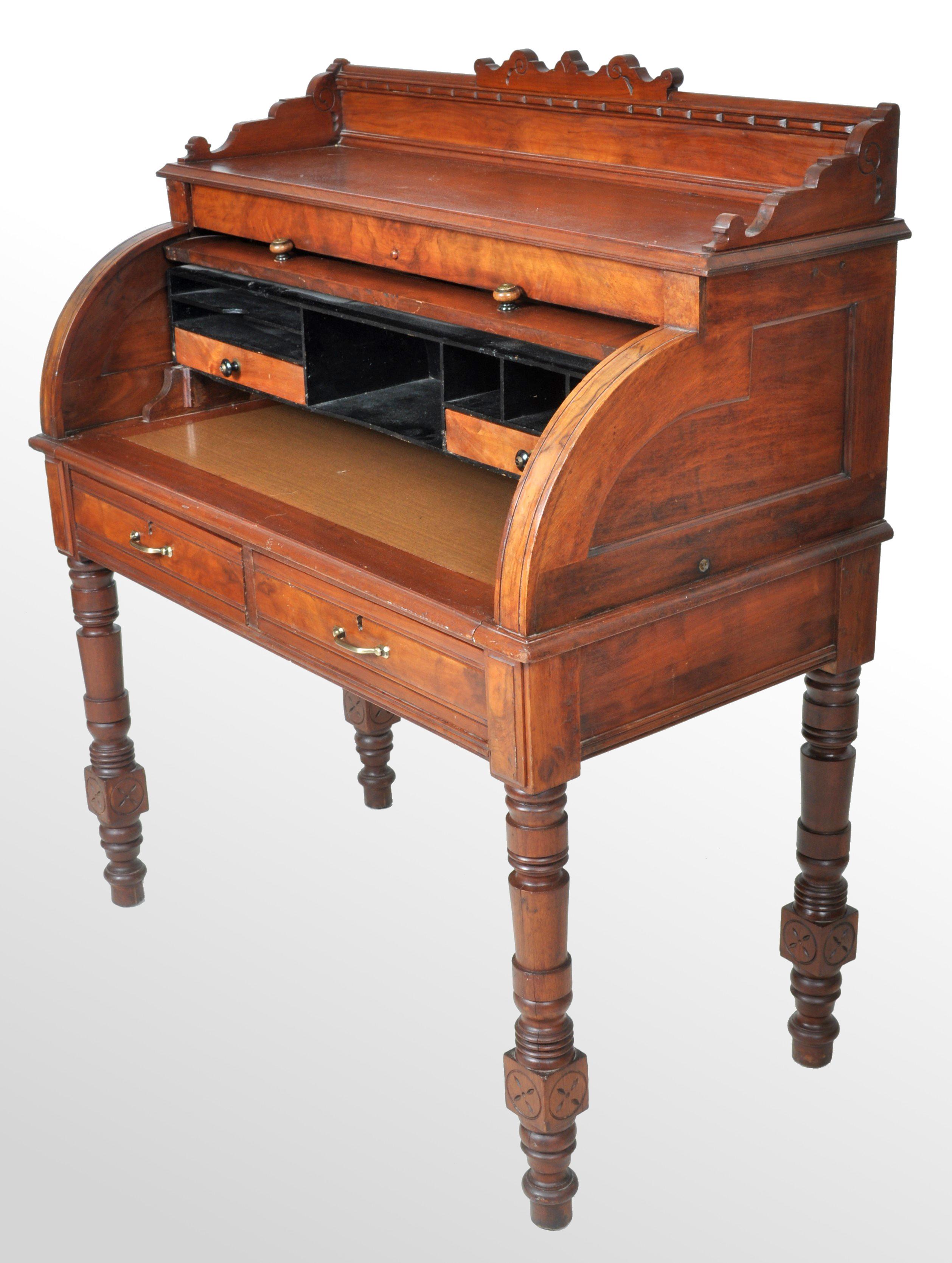 Antique American Victorian Eastlake Walnut Cylinder Roll-Top Desk Secretary 1875 1
