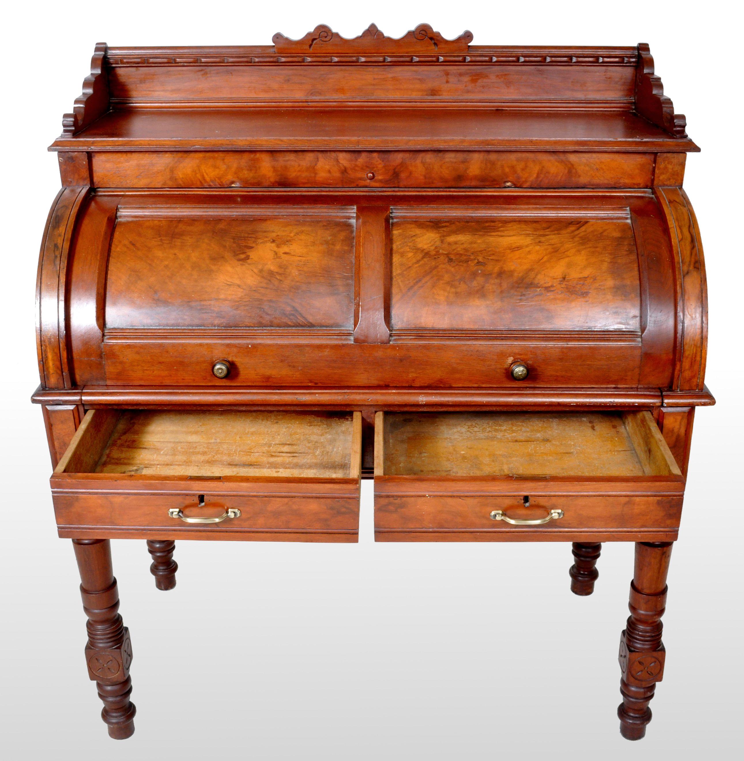 Antique American Victorian Eastlake Walnut Cylinder Roll-Top Desk Secretary 1875 2