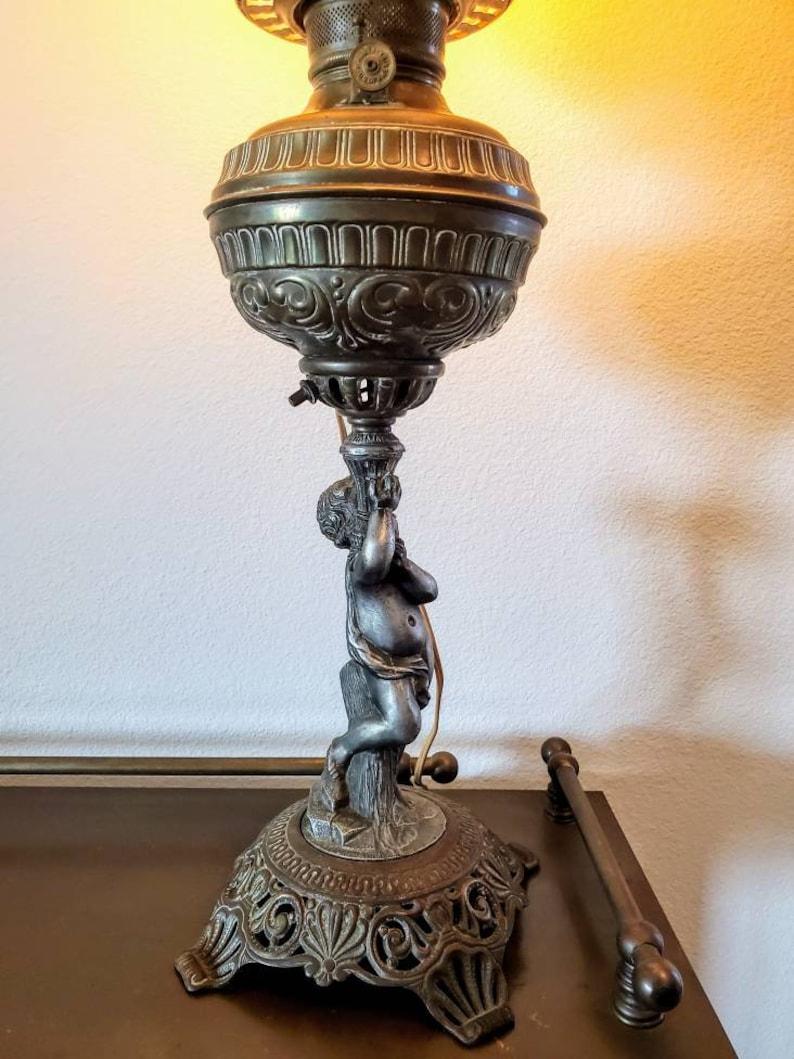 Gilt Antique American Victorian Electrified Kerosene Oil Banquet Lamp For Sale