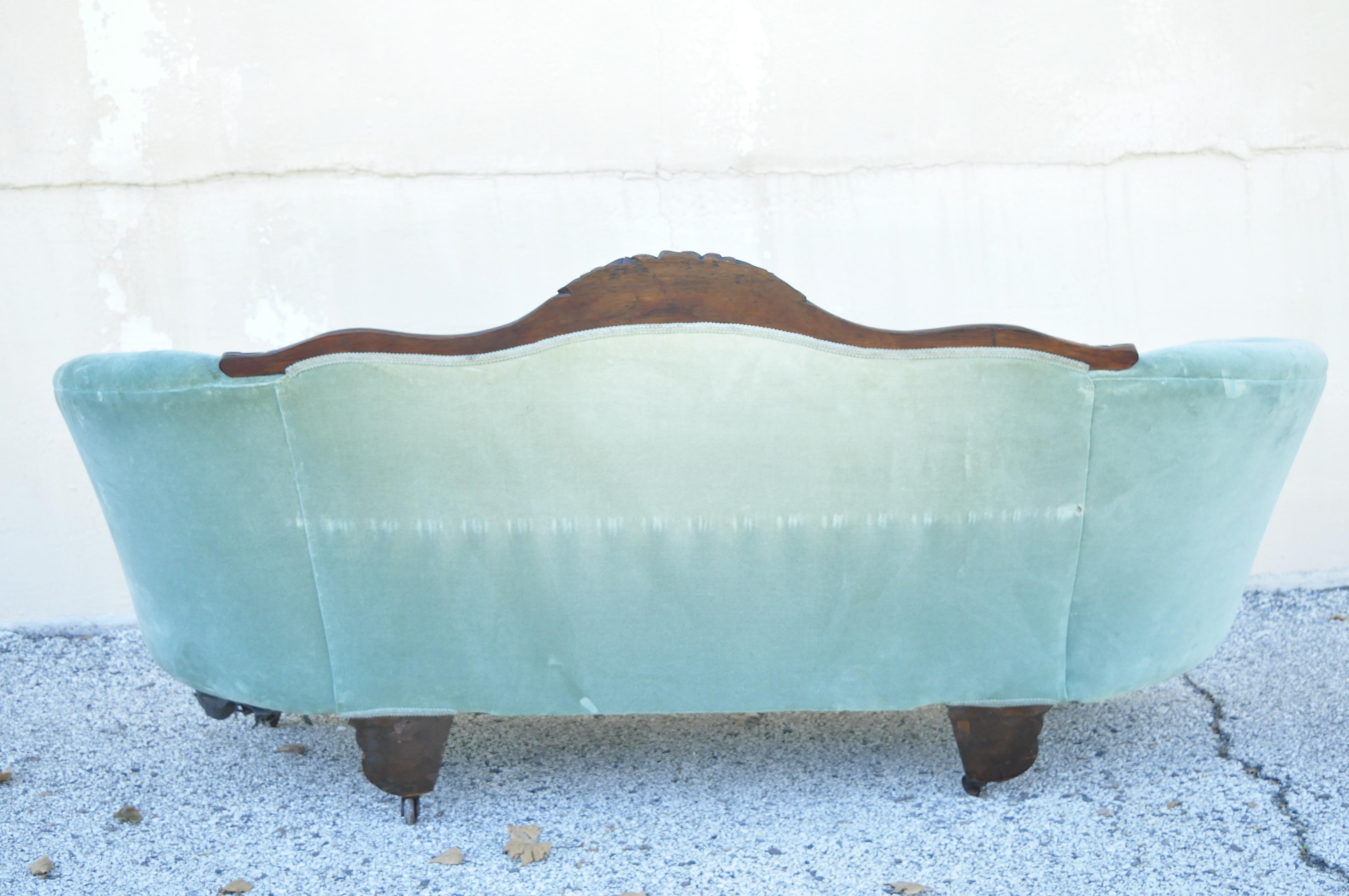Antique American Victorian Empire Crotch Mahogany Green Mohair Serpentine Sofa 2