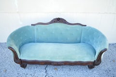 Antique American Victorian Empire Crotch Mahogany Green Mohair Serpentine Sofa