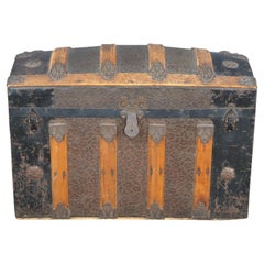 Antique American Victorian Floral Embossed Oak & Metal Dome Top Steamer Trunk