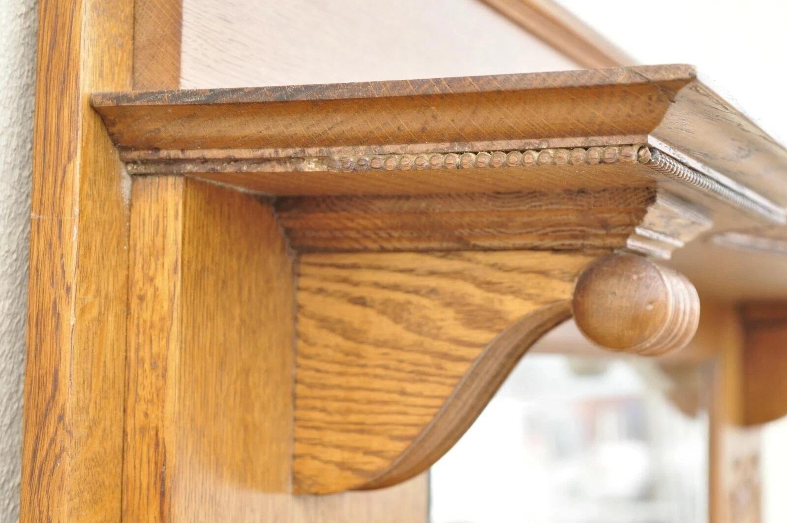 Antique American Victorian Golden Oak Wood Fireplace Mantel With Beveled Mirror For Sale 3
