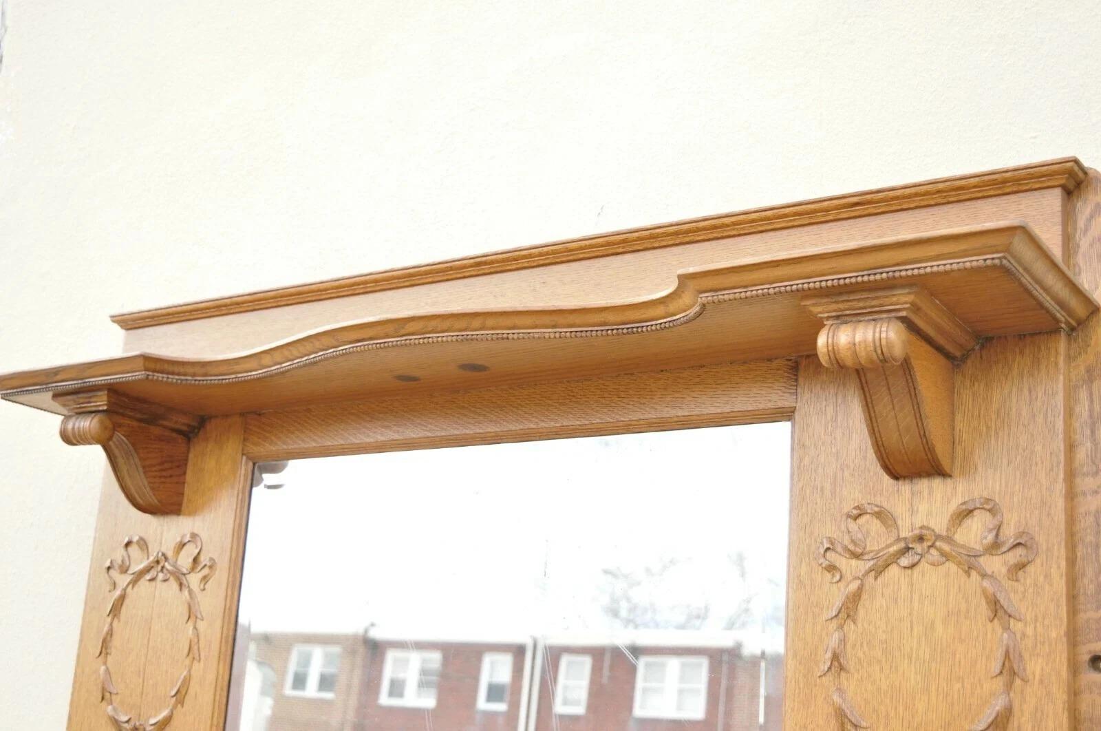 Antique American Victorian Golden Oak Wood Fireplace Mantel With Beveled Mirror For Sale 4