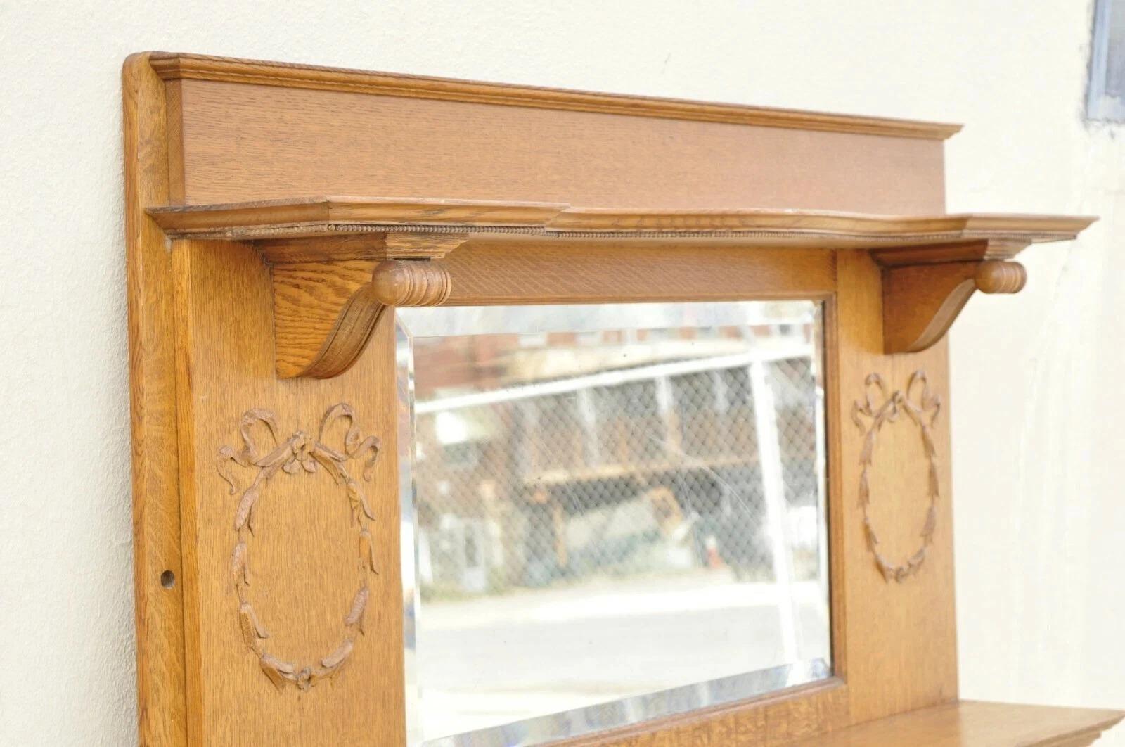 Other Antique American Victorian Golden Oak Wood Fireplace Mantel With Beveled Mirror For Sale