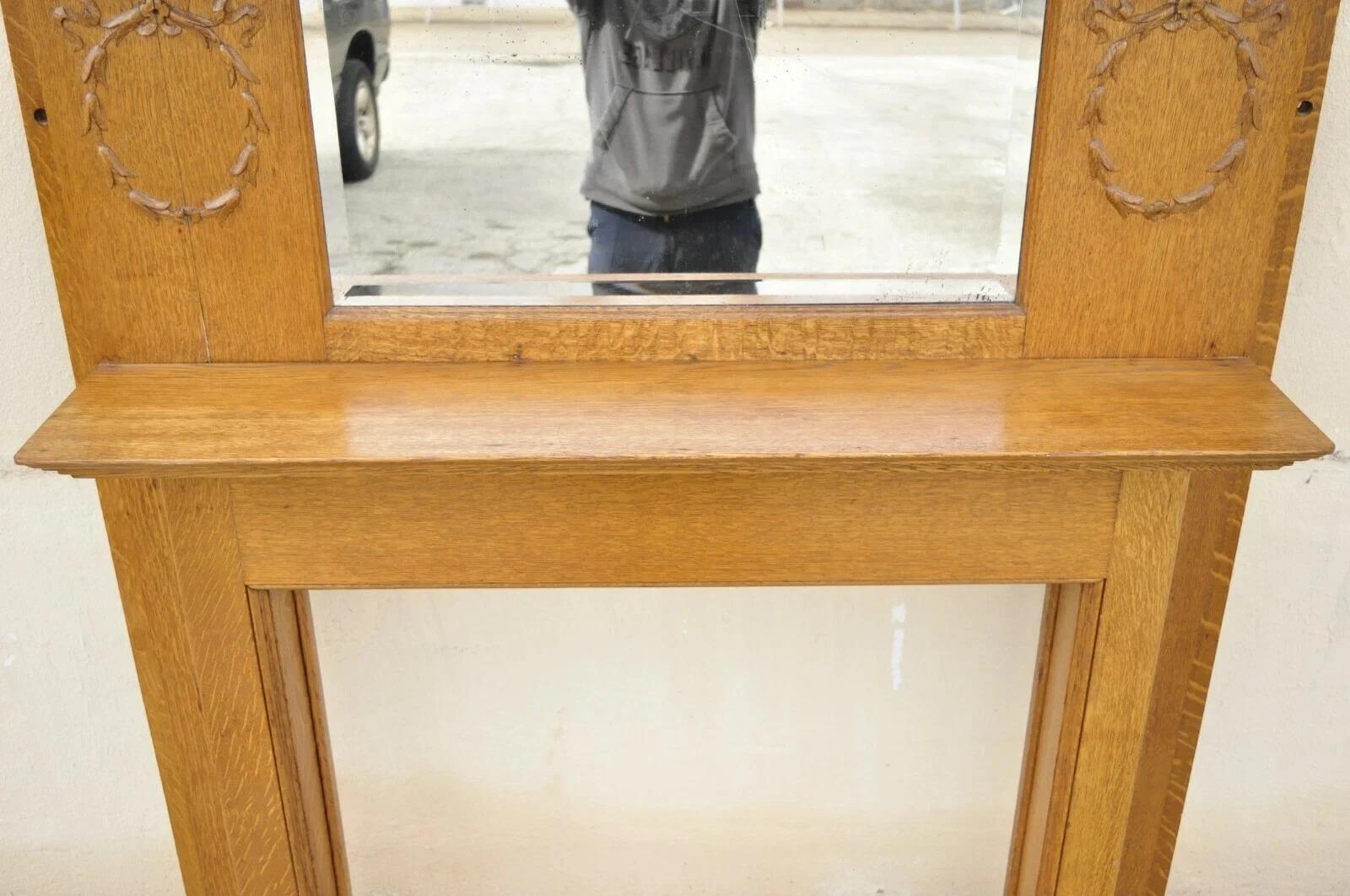 Unknown Antique American Victorian Golden Oak Wood Fireplace Mantel With Beveled Mirror For Sale