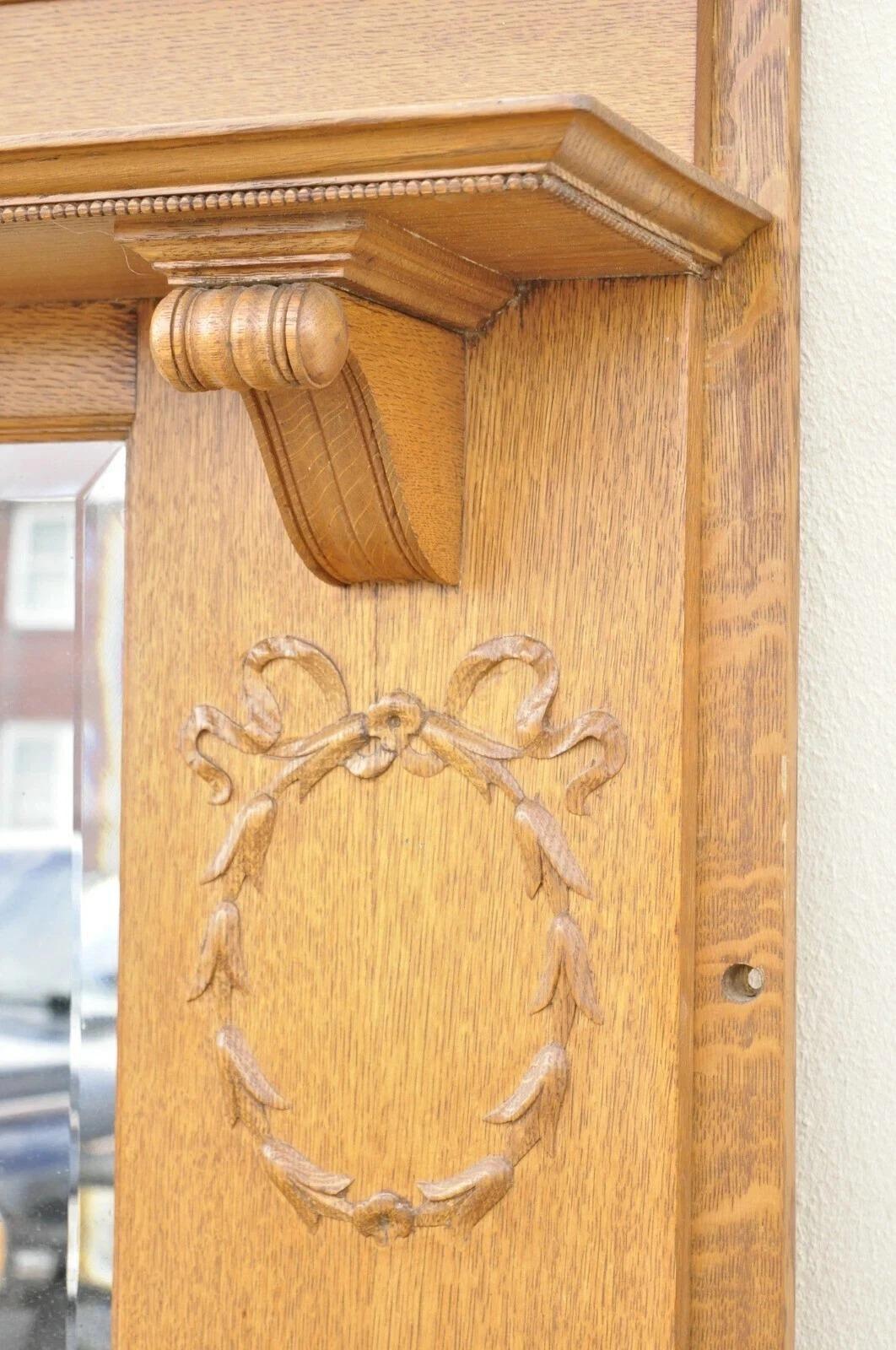 20th Century Antique American Victorian Golden Oak Wood Fireplace Mantel With Beveled Mirror For Sale