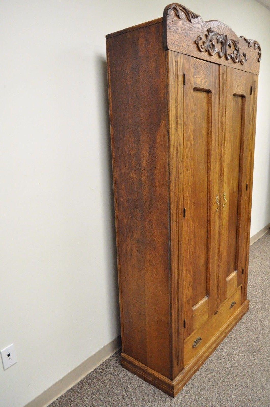 Antique American Victorian Golden Oakwood Clothing Wardrobe Dresser Cabinet 3