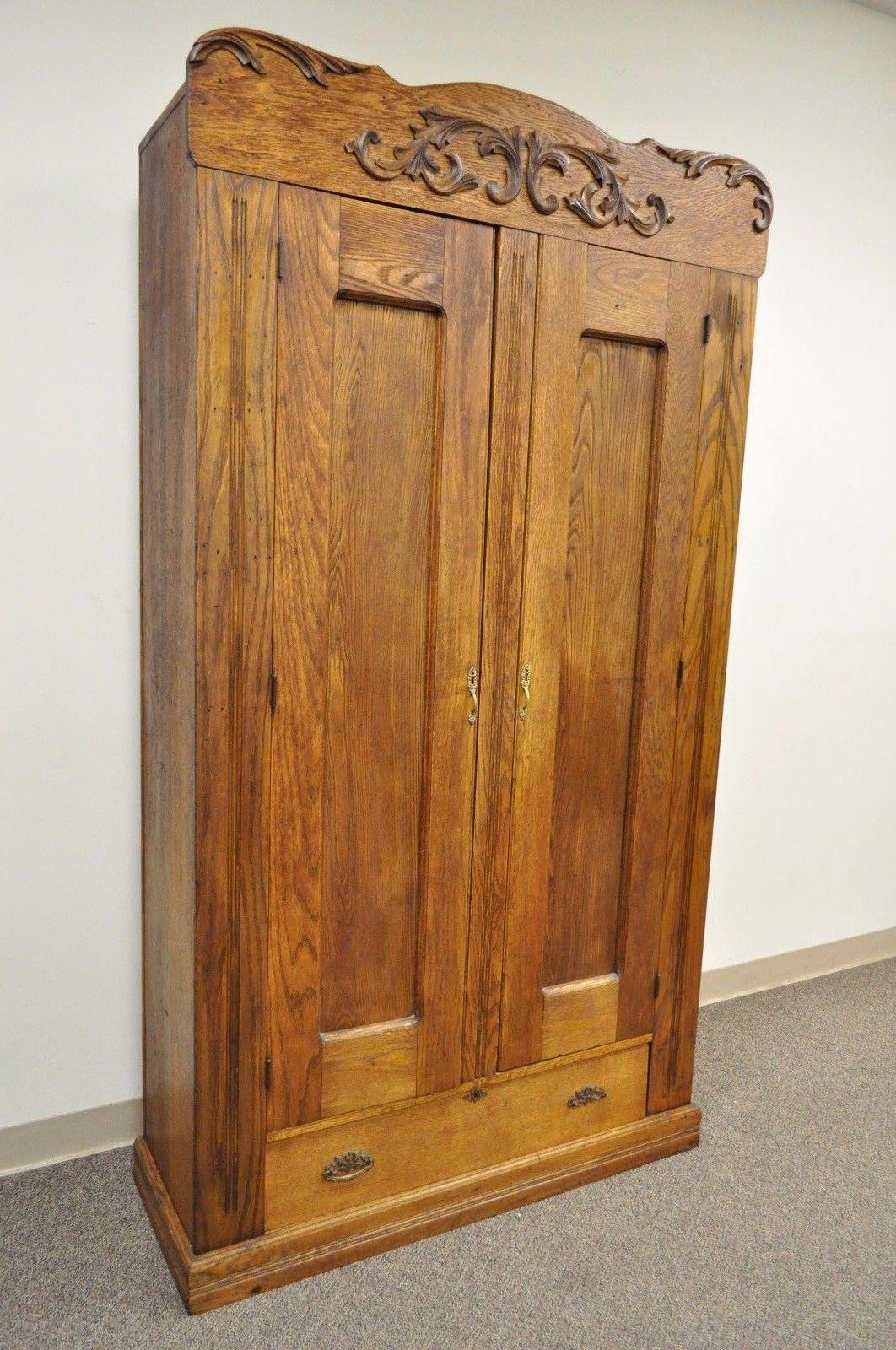 Antique American Victorian Golden Oakwood Clothing Wardrobe Dresser Cabinet 5