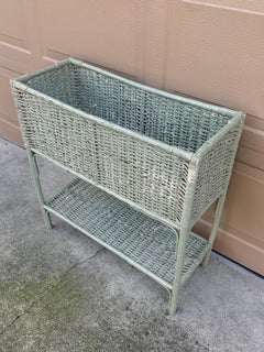 Antique American Victorian Light Green Wicker Plant Stand, Late 19th Century