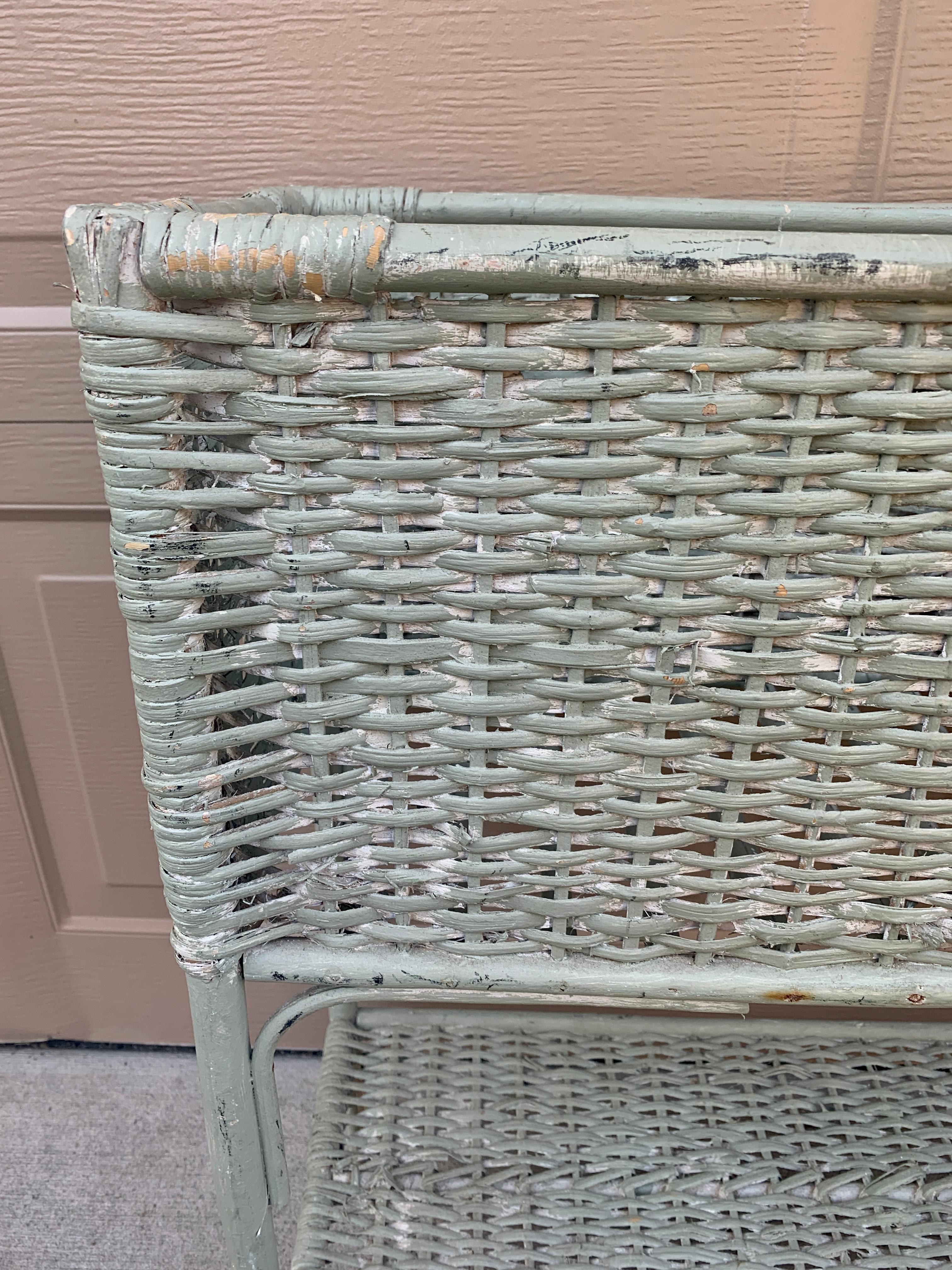 Antique American Victorian Light Green Wicker Plant Stand, Late 19th Century For Sale 2