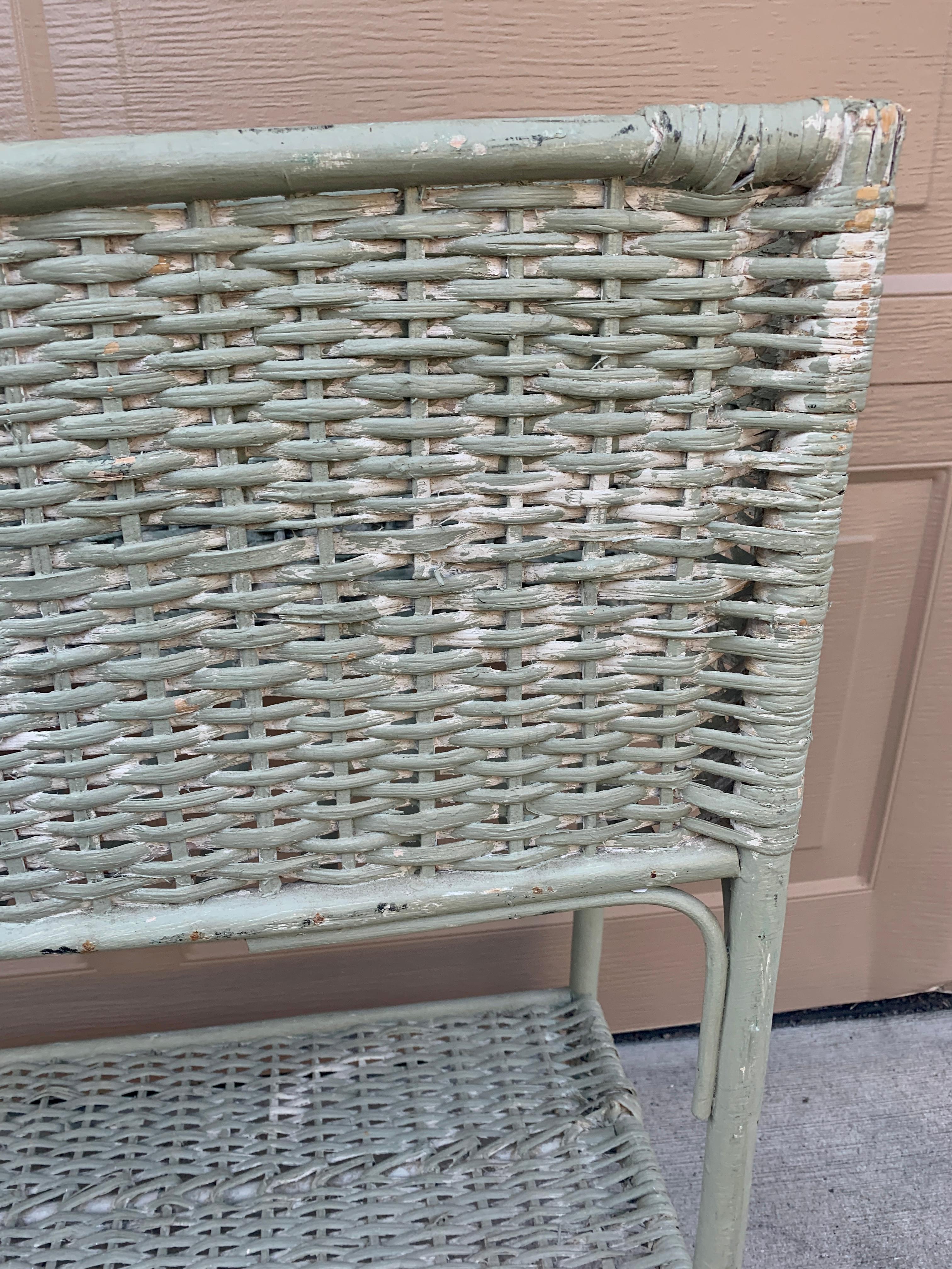 Antique American Victorian Light Green Wicker Plant Stand, Late 19th Century For Sale 3