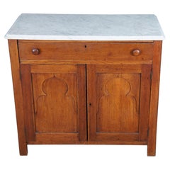 Antique American Victorian Oak & Marble Washstand Bedside Table Vanity Cabinet