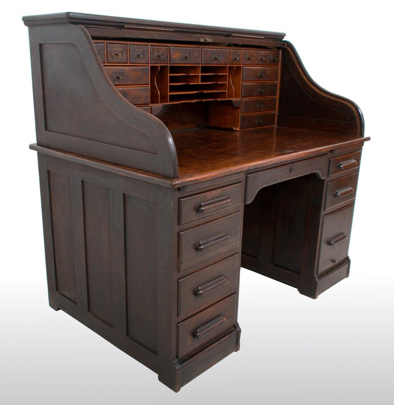 Antique American Victorian Oak Roll Top 'S Curve' Tambor Desk, circa