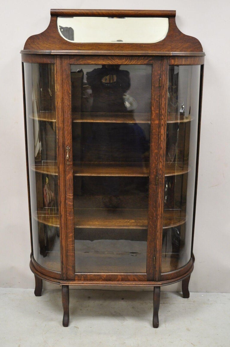 Antique American Victorian Oak Wood Curved Glass China Display